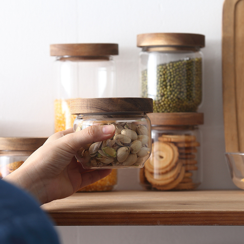 Tanque sellado de vidrio con alto contenido de borosilicato, tapa de madera de acacia engrosada para el hogar, vidrio recto, tanque de almacenamiento de granos de té