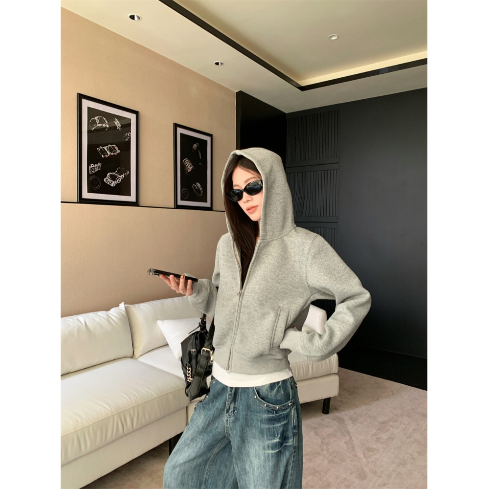 即墨美式灰色连帽长袖卫衣外套秋季设计感双拉开衫Cleanfit短上衣