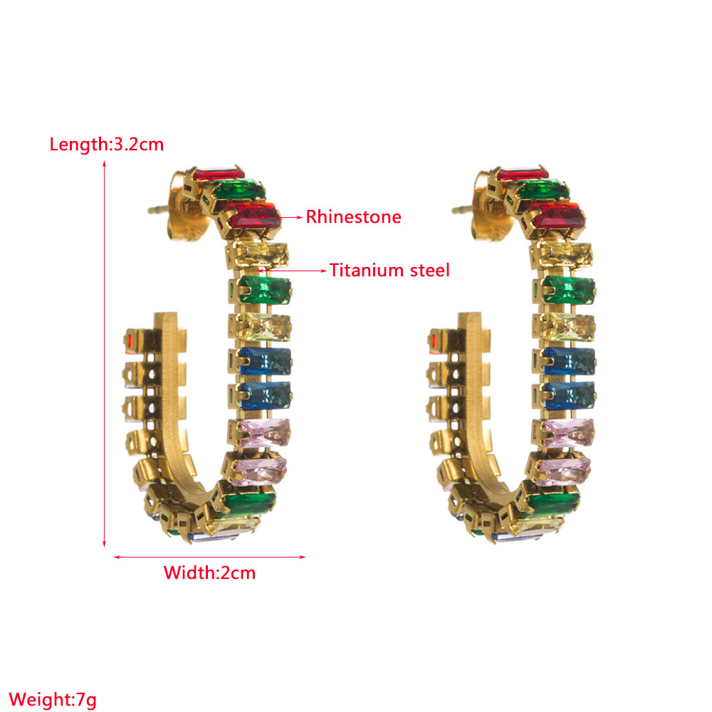 Fashion C Shape Geometric Titanium Steel Rhinestones Ear Studs 1 Pair