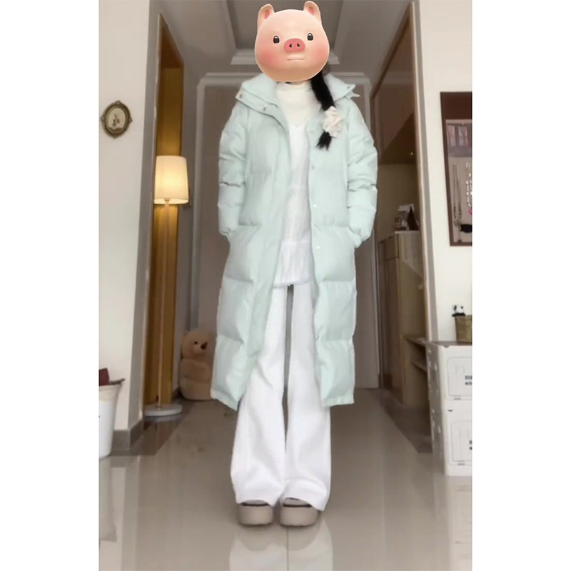 大码温柔风奶蓝色中长款羽绒棉服女冬季宽松加厚保暖过膝棉衣外套|undefined