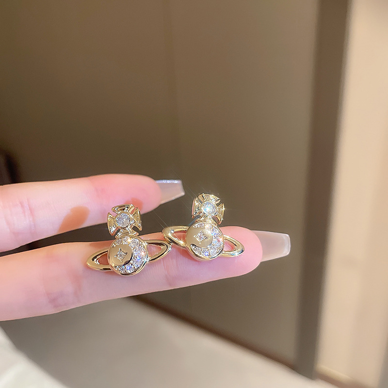 Fashion Cross Saturn Copper Plating Inlay Zircon Ear Studs 1 Pair