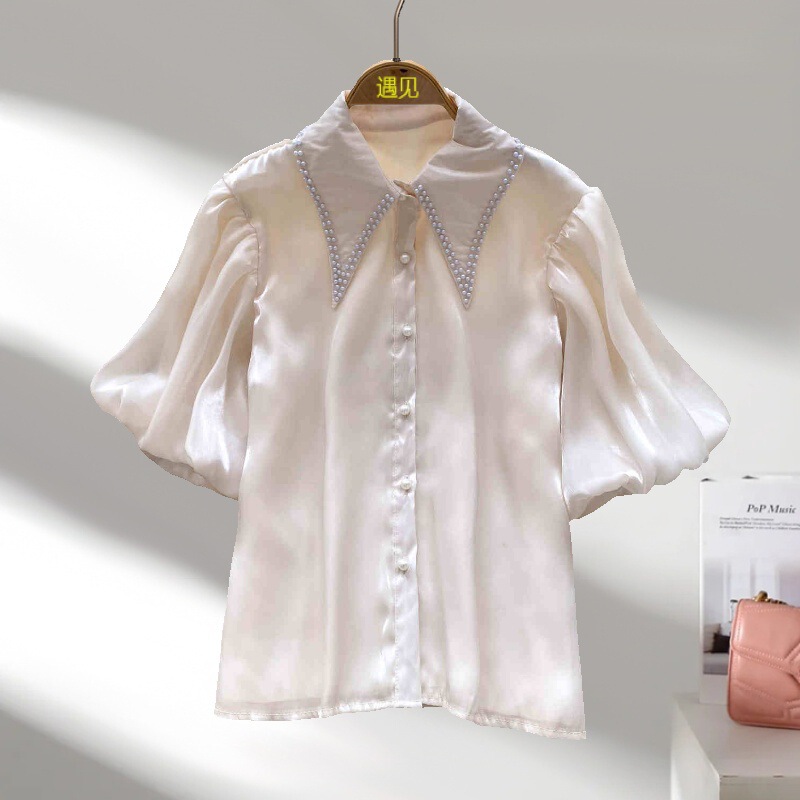 French-Style Light Luxury Socialite Beaded Doll Collar Lantern Sleeve Shirt for Women, Niche Fashion Satin Cardigan Top