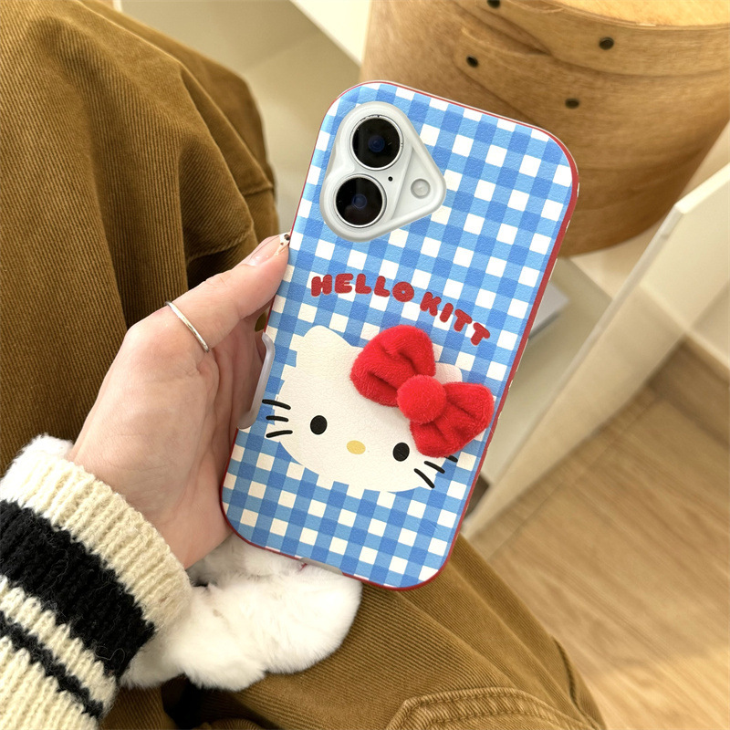 Gato kt a cuadros azul coreano de nicho para Apple 15pro/16pro Fun 14 Bowknot 13p girl