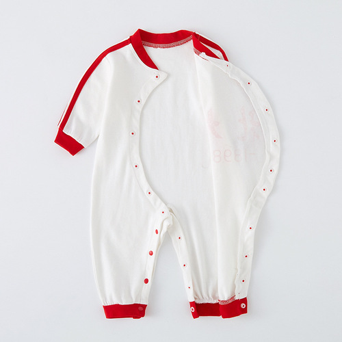 Baby spring long-sleeved romper, pure cotton unisex newborn outfit, trendy Harvard and Peking University-inspired crawling suit.