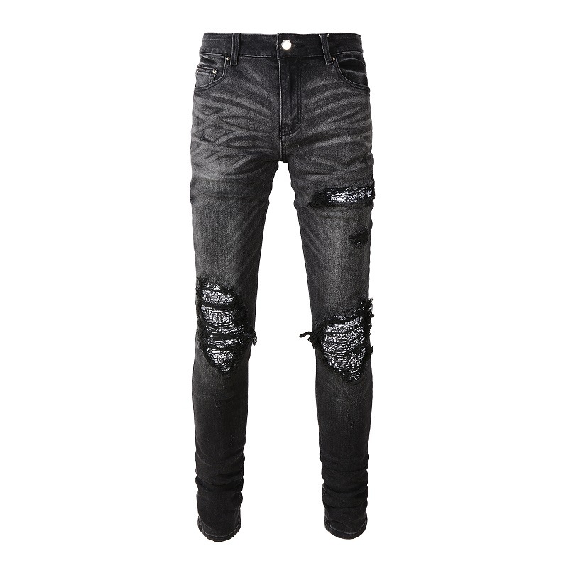 Men's Clothing High street men's clothing pleated cashew flower hole slim fit skinny pants jeans spot_voghion.com