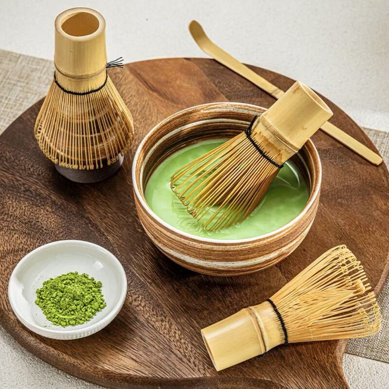 Coarse Pottery Matcha Bowl for Making Matcha, Tea Set with Bamboo Whisk, 100-Prong Bamboo Whisk, Tea Bowl, Bamboo Craftsmanship, Bamboo Weaving