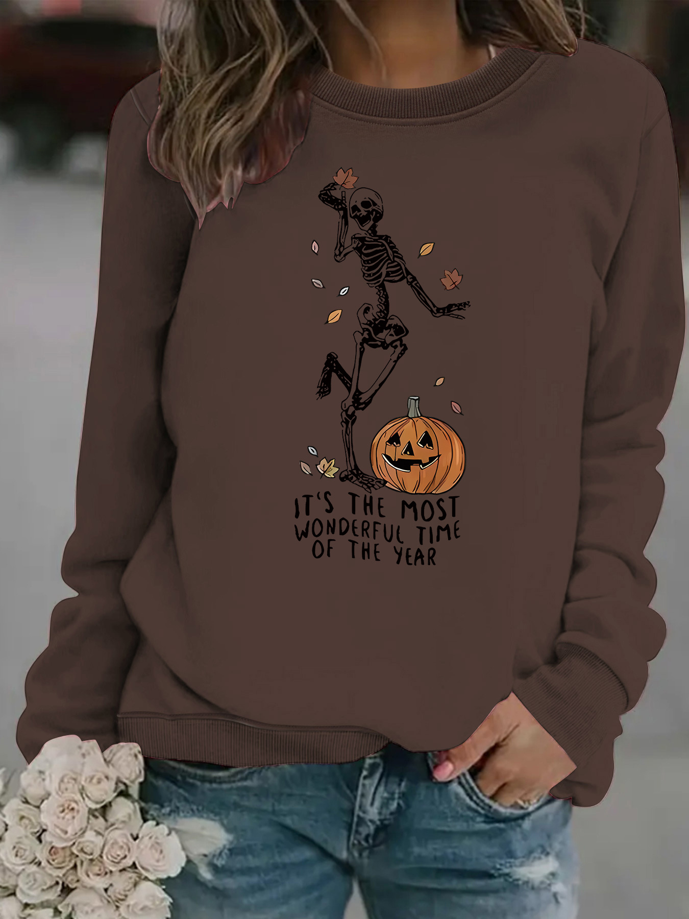 Herren-Sweatshirt mit Kürbis-Totenkopf-Print für Halloween – Gemütlicher Langarm-Pullover mit Rundhalsausschnitt für Damen und Herren (verschiedene Farben und Größen)_voghion.com