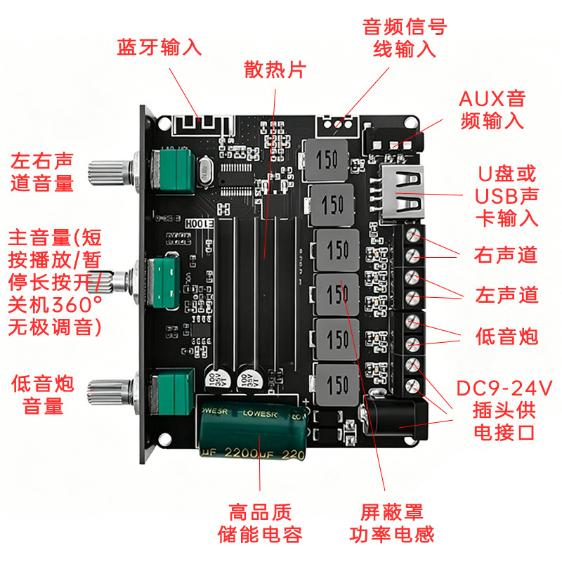 E100H 2.1声道蓝牙音频功放板模块 高低音调 重低音炮 APP操作