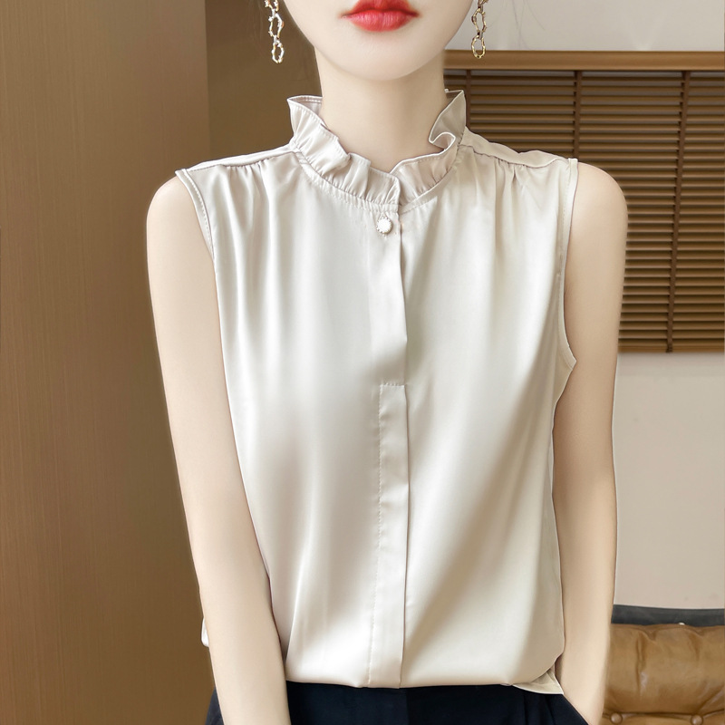 French-Style Ruffled Collar Sleeveless Satin Shirt for Women, High-End Non-Silk Base Layer Tank Top, Summer Wholesale