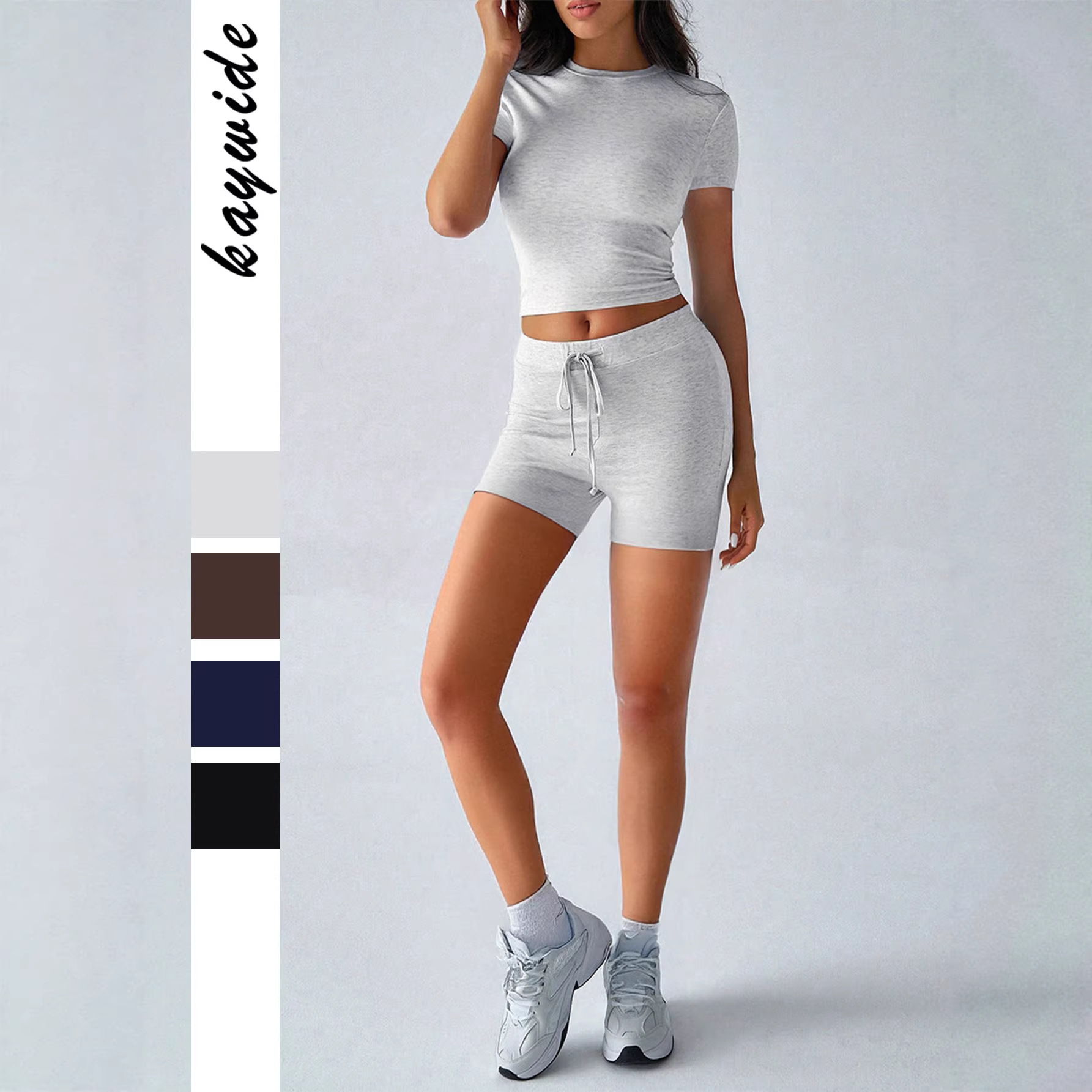 Neues grenzüberschreitendes europäisches und amerikanisches Yoga-Sport-Set für Damen: Einfarbiges Kurzarm-Shorts-Set mit Bindegürtel in verschiedenen Farben_voghion.com