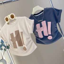 女童夏季韩版童趣印花修身抽绳T恤儿童纯色个性短袖时尚半袖百搭