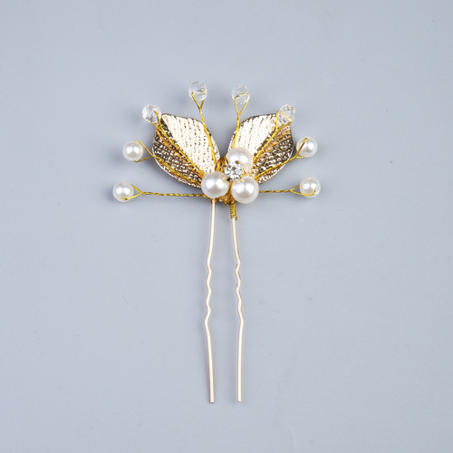 European and American golden leaf hair fork jewelry, wedding clothing, handmade hair accessories, crystal plate hair fork, U-shaped hairpin headpiece