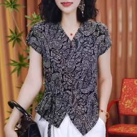 大码印花v领短袖衬衫女夏季绑带收腰显瘦小衫设计感遮肉妈妈上衣