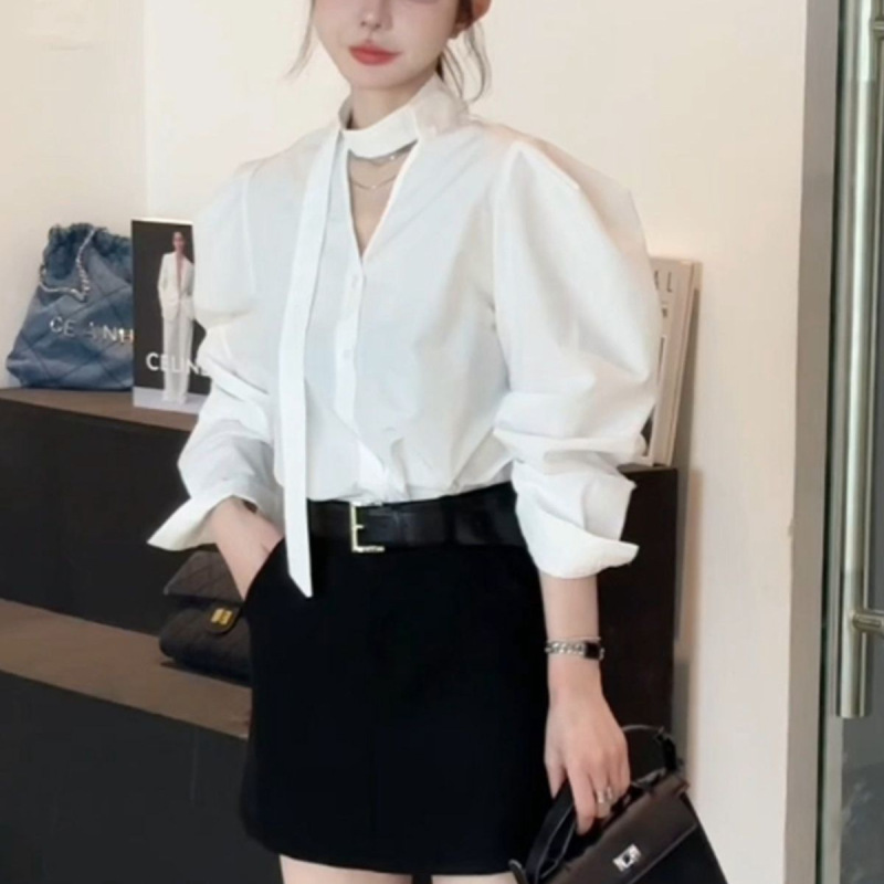 韩系气质v领挂脖长袖衬衫女2025春秋新款设计感小众宽松显瘦上衣|undefined