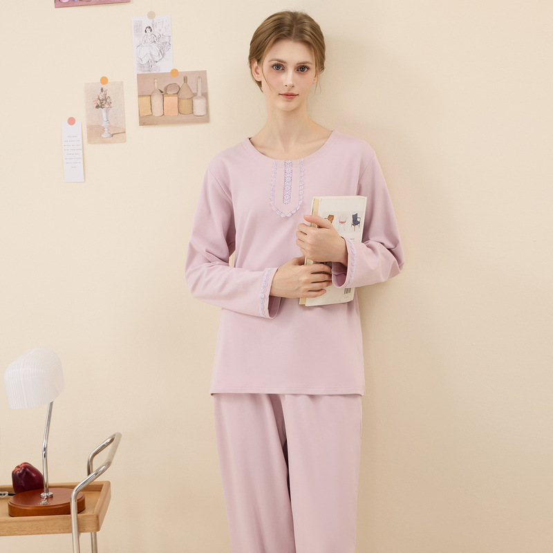 Brand Mall Autumn/Winter Thickened 50-Count Soft Cotton Surface Brushed Fleece Lace Palace Style Women's Long-Sleeve Loungewear