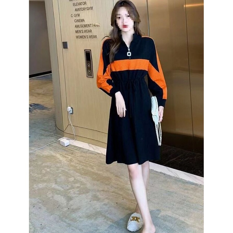 Spring and Summer Dress, New Style, Half-Open Collar, Zipper Waist-Cinching Dress, Ladylike Style, Loose Fit, Tummy-Covering, Color-Blocked, Long Base Dress