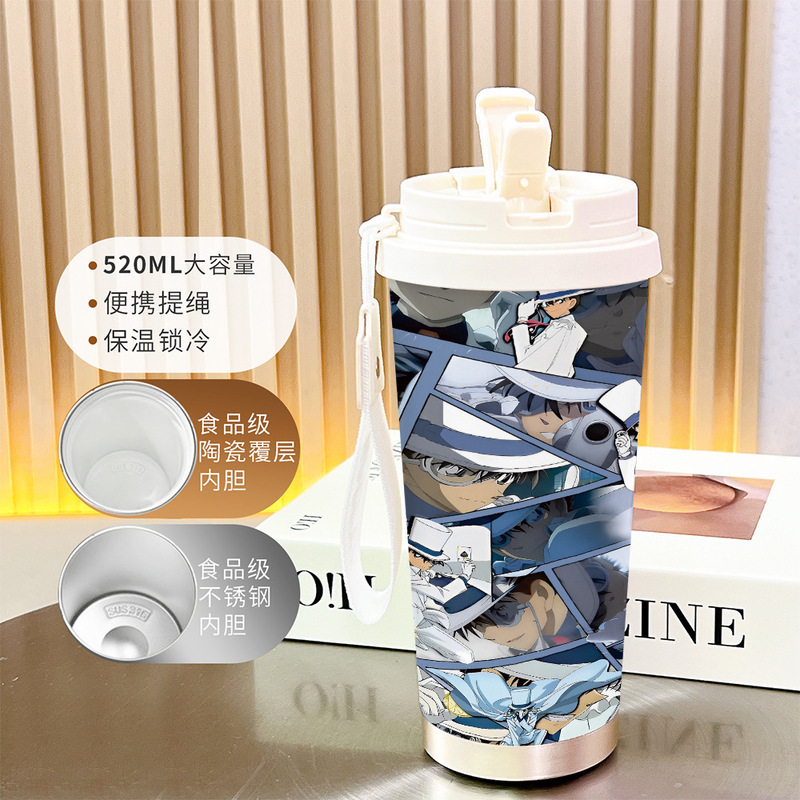 新款名侦探柯南保温吸管水杯大容量高颜值随身杯不锈钢双饮咖啡杯|undefined