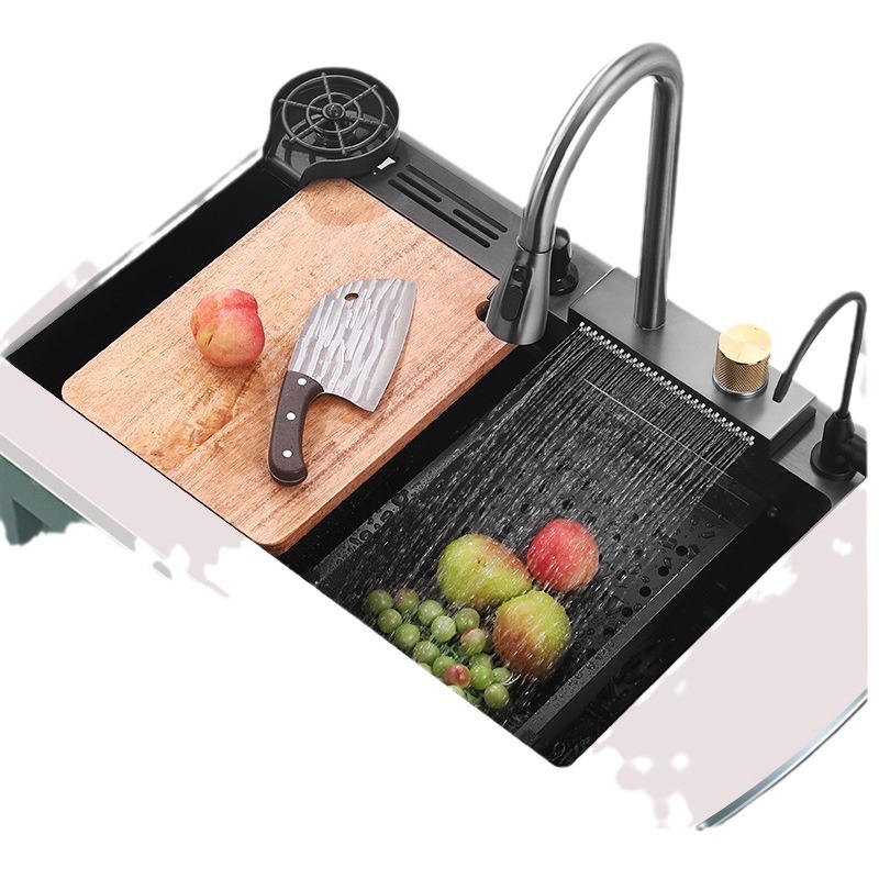 Soporte de cuchillo, nido de abeja en relieve, fregadero de cascada de lluvia voladora, acero inoxidable para el hogar, lavabo de cocina grande con un solo tanque de 5mm