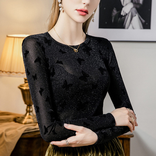 Butterfly velvet shiny mesh T-shirt for women, slim fit, new autumn mesh top, women's underclothing blouse