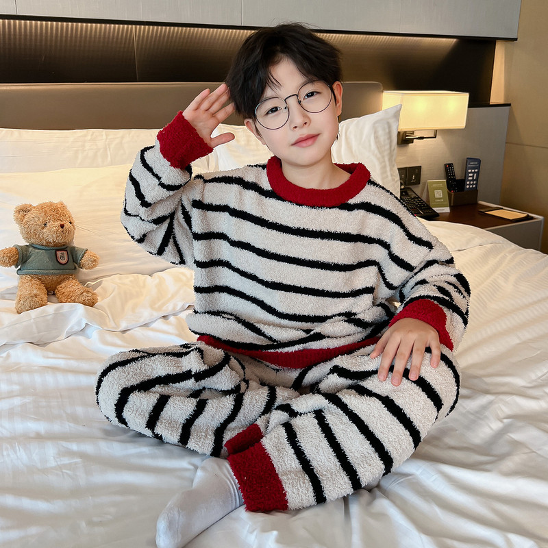 Medium and Large Boys' Half-Velvet Home Clothes Set Winter Kidsren's Clothing Kidsren's Boys' Double-Sided Velvet Pajamas Two-Piece Set Stripes
