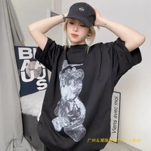 2024春夏新款美式复古小熊印花男女同款休闲宽松短袖圆领T恤衫