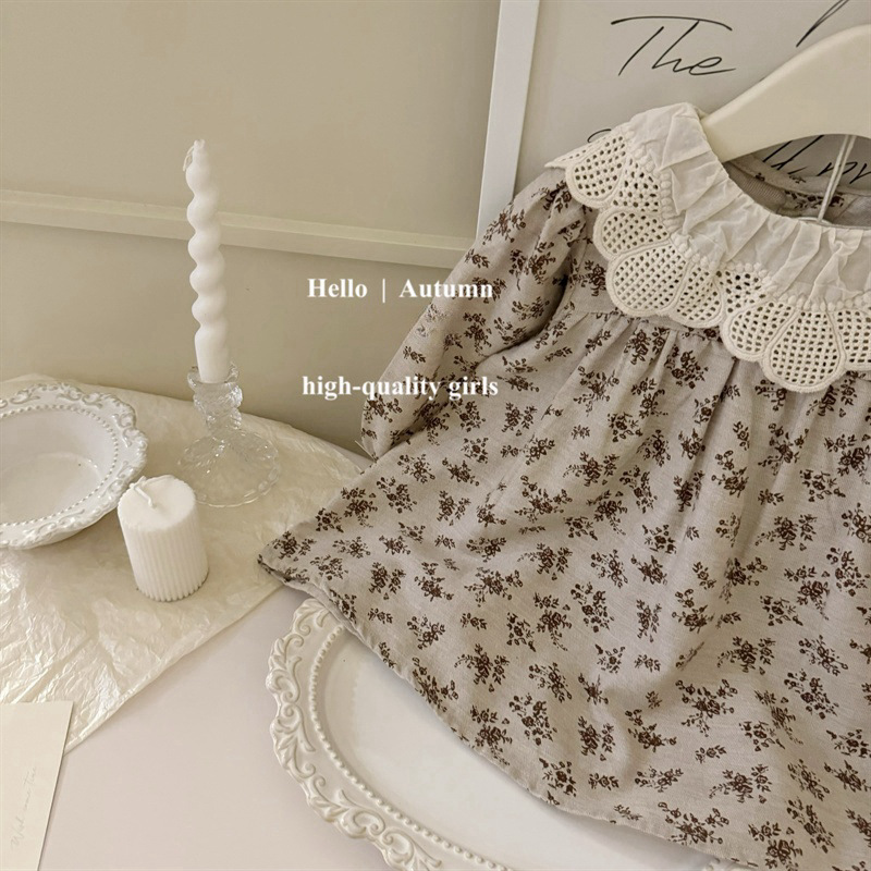 [Qi] ropa infantil coreana bebé primavera y otoño 2025 encaje muñeca color curry cuello dulce vestido de princesa moda