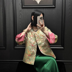 南油原创设计早秋真丝混纺宋锦外套新中式圆领国风唐装气质女上衣
