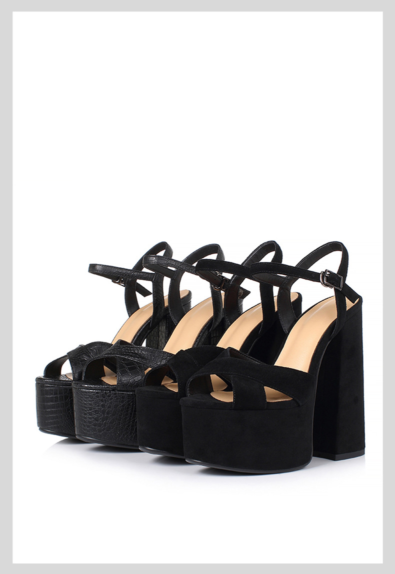 Sandal cao gót nữ mũi hở đế platform chunky da thật gót dày — Màu đen mờ chi tiết 14
