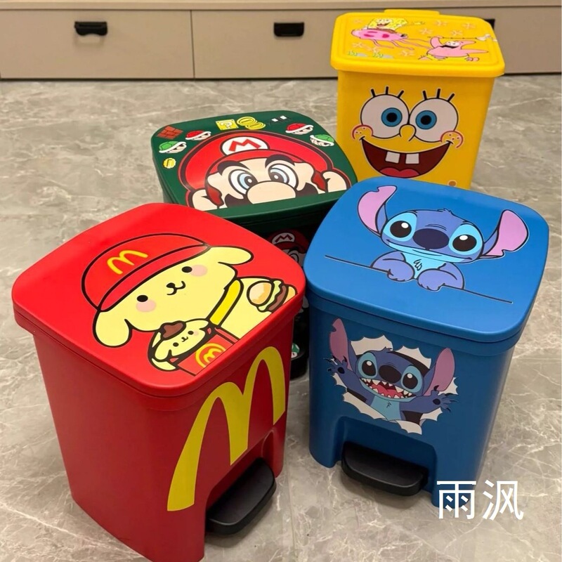 Mario trash can, cute cartoon design, large capacity, stylish, popular online, thickened material, foot-operated, for home and living room use