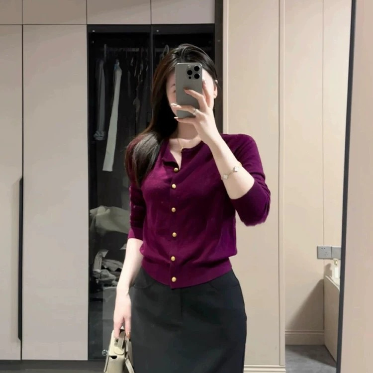 25 New Autumn and Winter Women's Velvet + Wool Cardigan Knitwear Jacket Long-Sleeved Versatile Elegant Slim Casual Pure Color