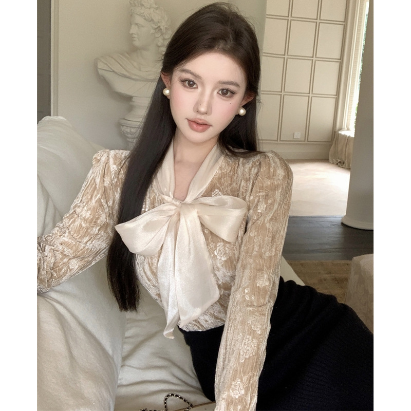 Bow Tie Velvet Shirt for Women 2025 Autumn and Winter New Style French Style Long-Sleeved Design Chic Top Trendy