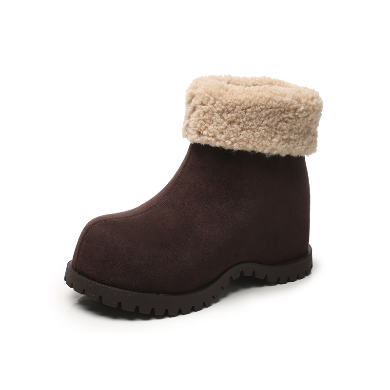 Boot nữ cổ cao lót lông giữ ấm đế dày nâng chiều cao — nâu