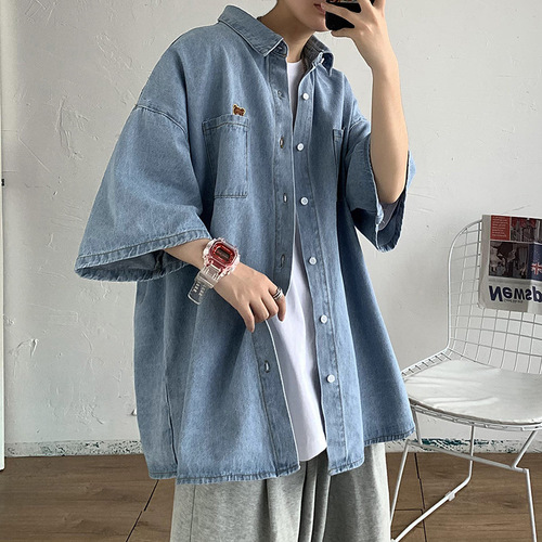 Embroidered denim short-sleeve shirt for men, Hong Kong-style summer fashion loose fitting shirt, high-end casual jacket, cool rebel-style top
