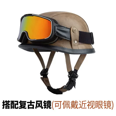 Motosiklet kaskı (dəbilqə) | German-Style Retro Safety Helmet Half Helmet - brown-with-retro-goggles-m