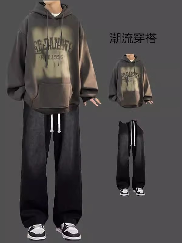 秋冬季套装男美式连帽卫衣潮牌一套搭配牛仔裤学生潮流帅气两件套|undefined