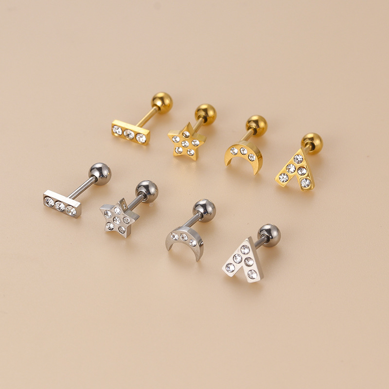 Fashion Star Stainless Steel Plating Zircon Ear Studs 1 Piece