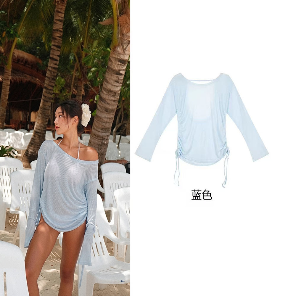 Pure Desire Outerwear Long-Sleeve T-Shirt for Women, Summer Beach Vacation, Sun Protection Cover-Up, Thailand Travel, Backless, Slimming Swimsuit