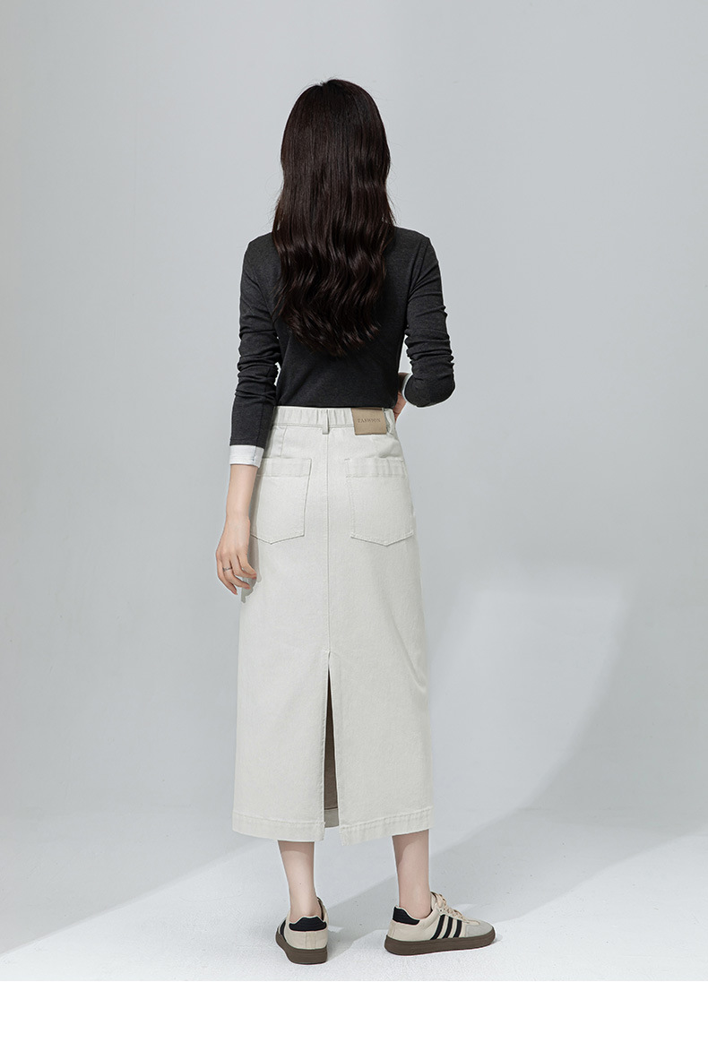 Váy denim trắng nữ cạp cao bút chì phong cách tối giản dài midi — Màu xám trắng chi tiết 22