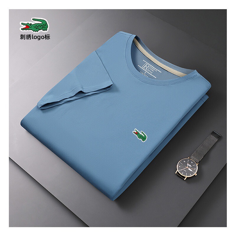 Cross-Border Crocodile Brand New Short-Sleeve Round-Neck T-Shirt for Men, Ice Silk Solid Color Embroidery, High Elasticity Quick-Dry Sports Casual Top T-Shirt