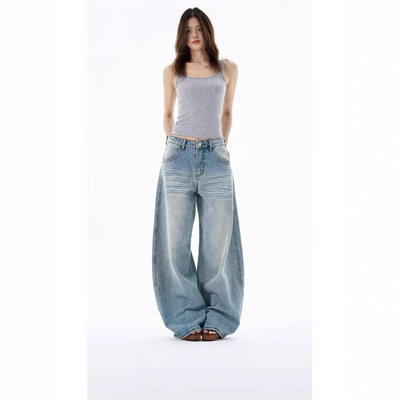 Blue Low-Waist Wide-Leg Jeans for Women in Early Spring New Loose Street Boyfriend Style Drapey Versatile Slimming Straight Pants
