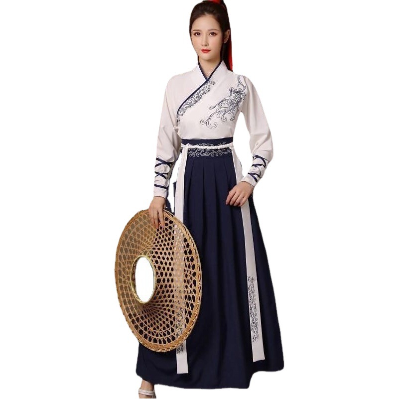 Estilo de artes marciales hanfu Falda de cintura de cuello cruzado de estilo chino para mujer Ropa de clase de estudiante masculina Pareja traje antiguo diario primavera, verano, Otoño e Invierno
