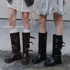 羊皮版~复古褶皱侧拉链皮带扣西部骑士靴女秋冬季粗跟厚底中筒靴
