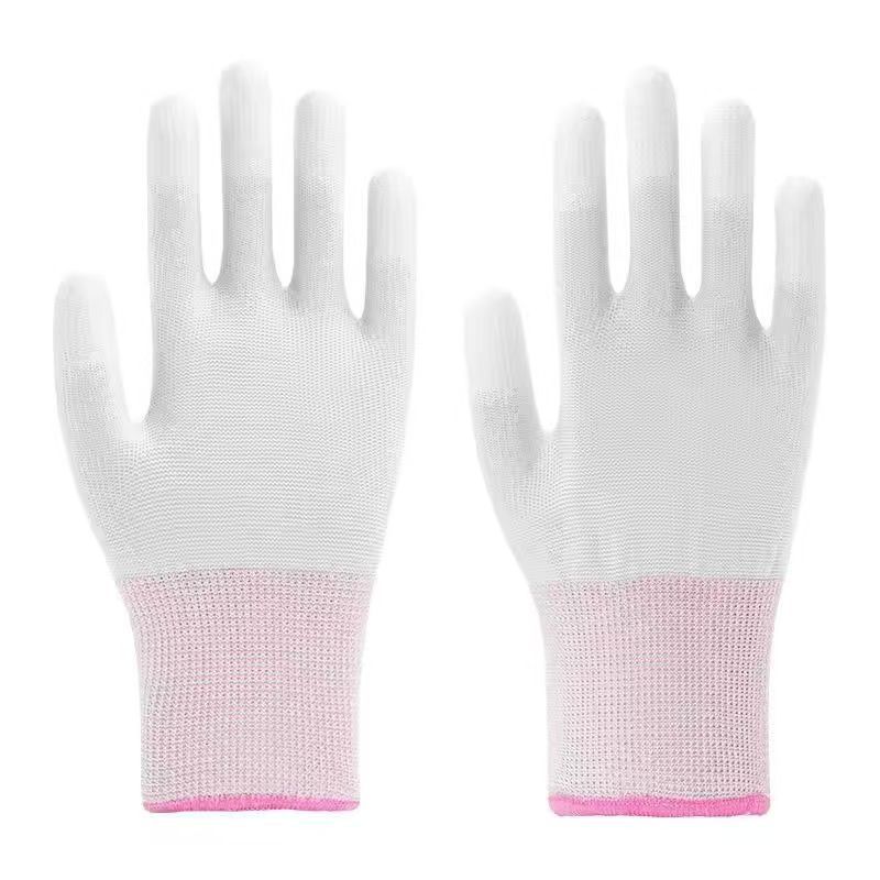 PU guantes de dedo de palma al por mayor blancos sin polvo guantes antiestáticos para trabajo seco guantes de protección laboral de nylon resistentes al desgaste