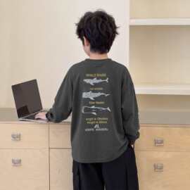 2026秋季新款儿童海洋鲨鱼印花打底衫男中大童软糯休闲长袖T恤潮