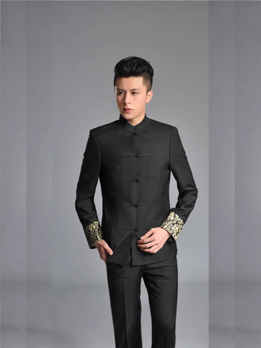 New men's suit set, men's suit, blue stand-up collar Zhongshan suit, casual slim fit, Chinese style, wedding dress 16