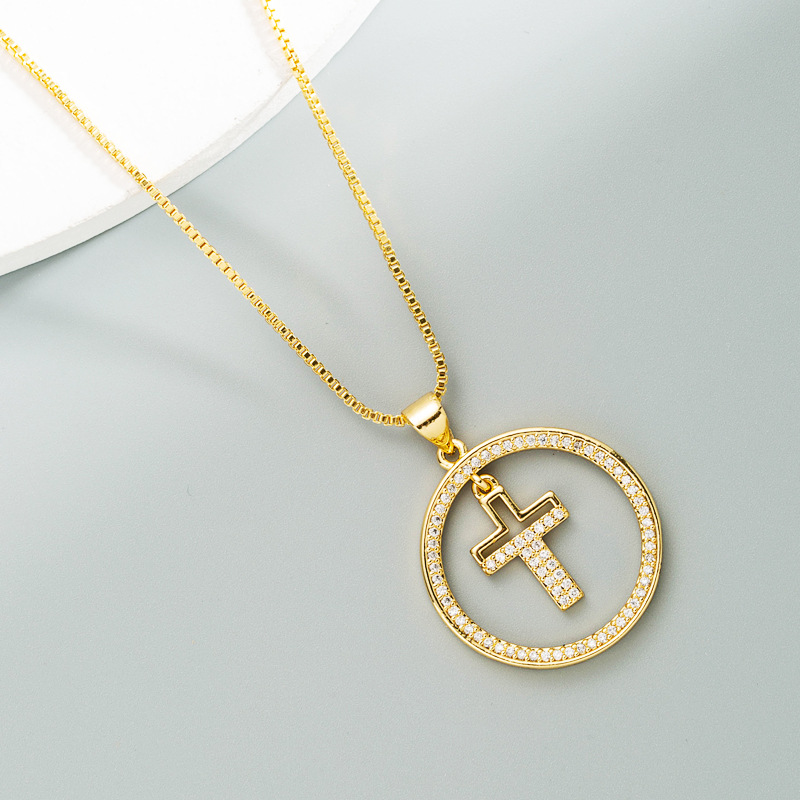 Fashion 18k Copper Inlaid Zircon Round Hollow Virgin Mary Cross Necklace Wholesale Nihaojewelry display picture 4