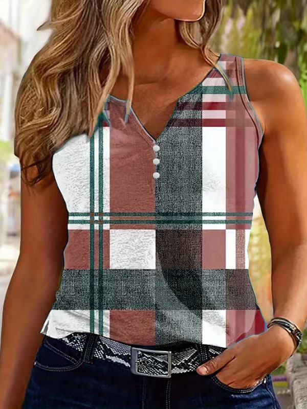 Women's Plaid Print Color-Block Tank Top, Loose Fit Sleeveless Summer Casual Vest, Breathable Milk Silk Blend Fabric_ecoleips.com