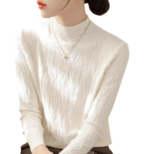 Women's Semi-High Collar Textured Knit Base Shirt with a Sense of Elegance for Autumn and Winter, Stylish and Comfortable for Inner Wear