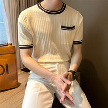 夏季韩版潮流短袖针织衫男ins美式复古竖条纹T恤修身男士休闲上衣