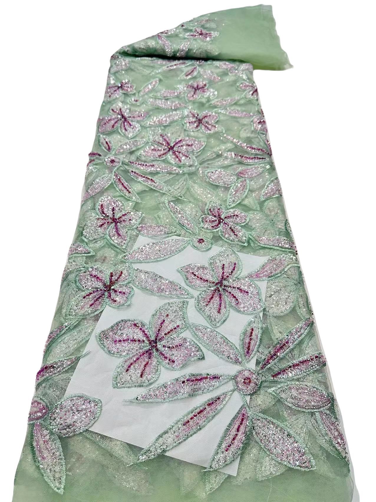 Flores de hojas bordadas de encaje bordado tela de alto lujo vestido de boda vestido de tela en stock